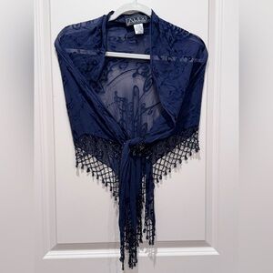 Alex Evenings Navy Silk Rayon Evening Wrap with Beaded Fringe
